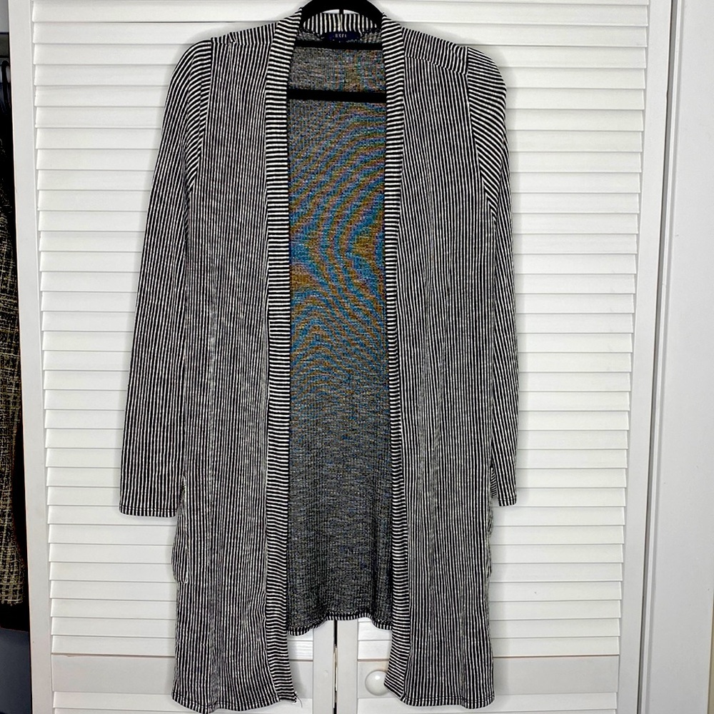 Long black and white striped cardigan with packets brand ‘gyft’ size L.